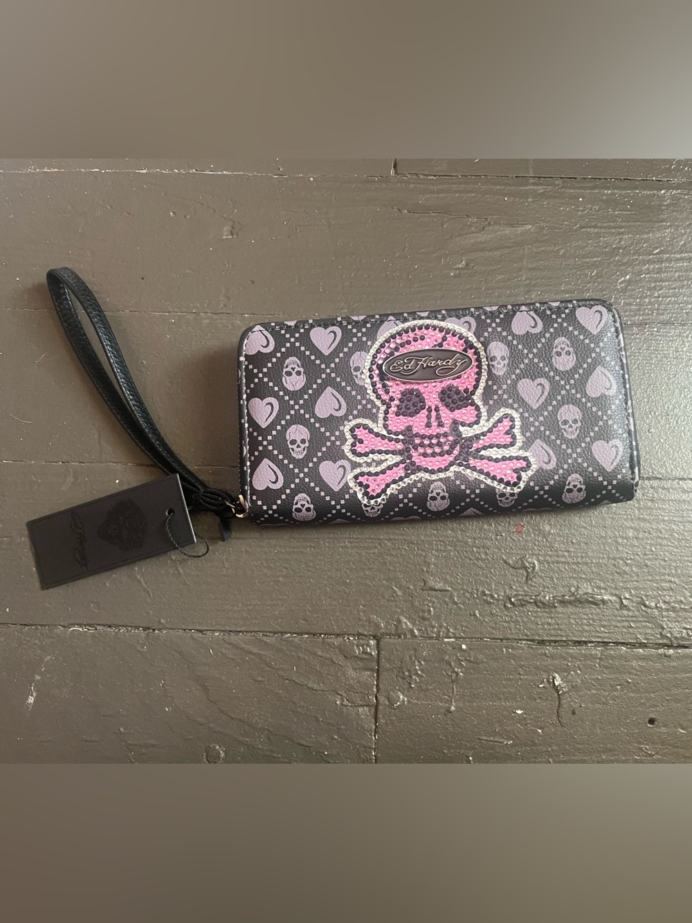 Ed Hardy Black Wallet with Pink Skull and Heart Pattern